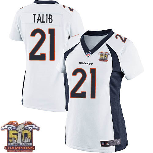 Women Nike Broncos 21 Aqib Talib White NFL Road Super Bowl 50 Champions Jersey