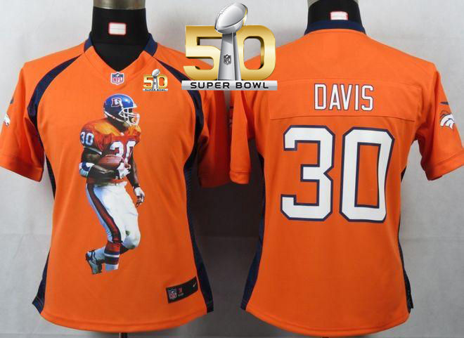 Women Nike Broncos 30 Terrell Davis Orange Team Color Super Bowl 50 Portrait Fashion NFL Game Jersey