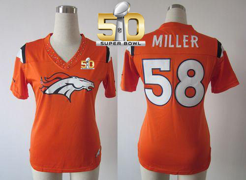 Women Nike Broncos 58 Von Miller Orange Team Color Super Bowl 50 NFL Team Diamond Jersey