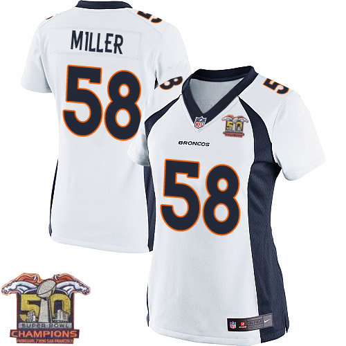 Women Nike Broncos 58 Von Miller White NFL Road Super Bowl 50 Champions Jersey