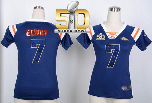 Women Nike Broncos 7 John Elway Navy Blue Super Bowl 50 NFL Draft Him Shimmer Jersey