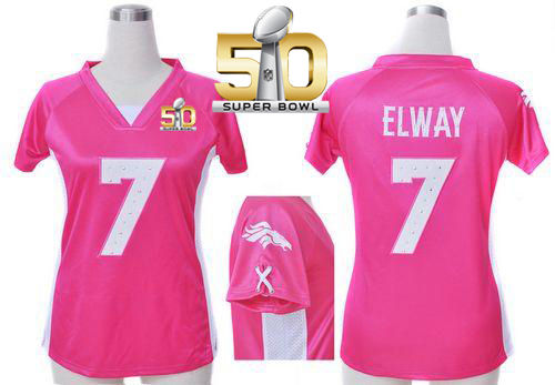 Women Nike Broncos 7 John Elway Pink Draft Him Name & Number Top Super Bowl 50 NFL Jersey