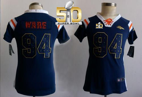 Women Nike Broncos 94 DeMarcus Ware Navy Blue Super Bowl 50 NFL Draft Him Shimmer Jersey