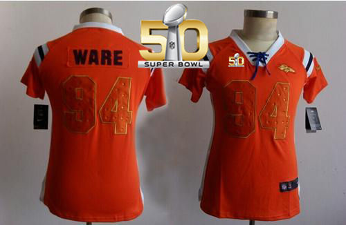 Women Nike Broncos 94 DeMarcus Ware Orange Super Bowl 50 NFL Draft Him Shimmer Jersey