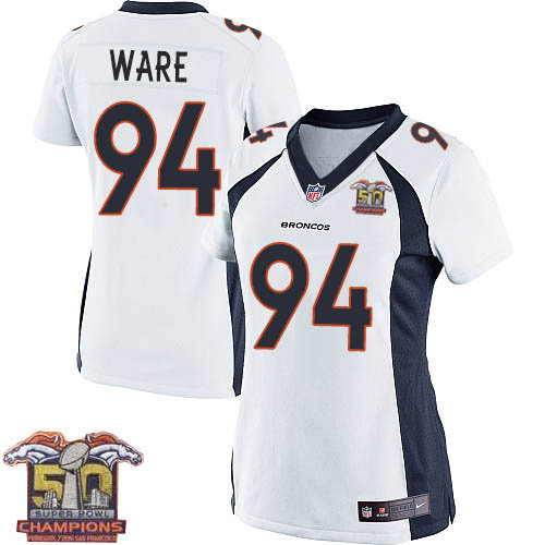Women Nike Broncos 94 DeMarcus Ware White NFL Road Super Bowl 50 Champions Jersey