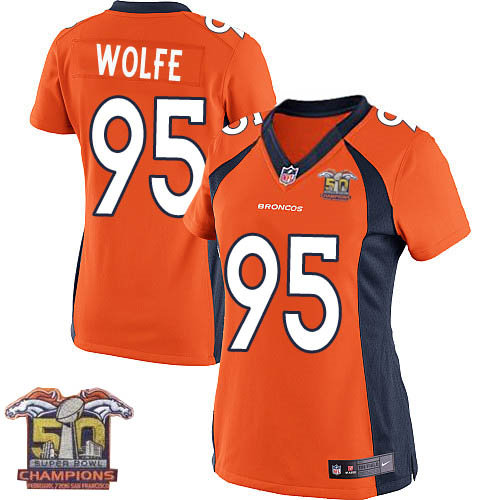 Women Nike Broncos 95 Derek Wolfe Orange NFL Home Super Bowl 50 Champions Jersey