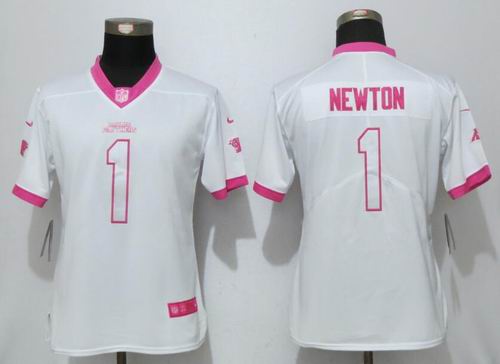 Women Nike Carolina Panthers #1 Cam Newton White Pink Limited Rush Fashion Jersey