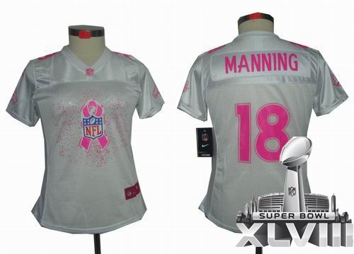 Women Nike Denver Broncos 18# Peyton Manning breast Cancer Awareness white 2014 Super bowl XLVIII(GYM) Jersey