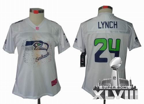 Women Nike FEM FAN Seattle Seahawks 24# Marshawn Lynch white elite 2014 Super bowl XLVIII(GYM) Jersey