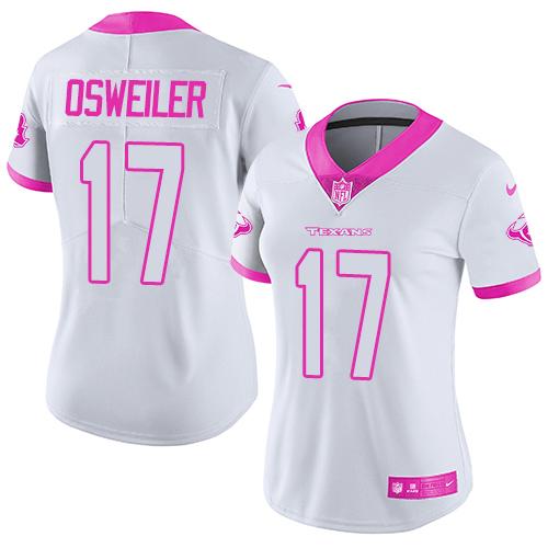 Women Nike Houston Texans 17 Brock Osweiler White Pink NFL Limited Rush Fashion Jersey