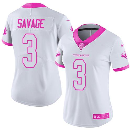 Women Nike Houston Texans 3 Tom Savage White Pink NFL Limited Rush Fashion Jersey
