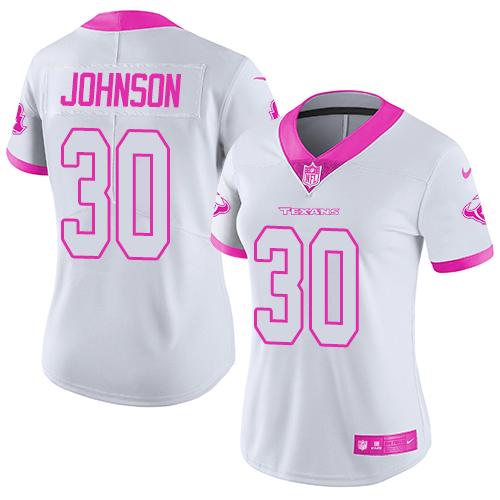 Women Nike Houston Texans 30 Kevin Johnson White Pink NFL Limited Rush Fashion Jersey