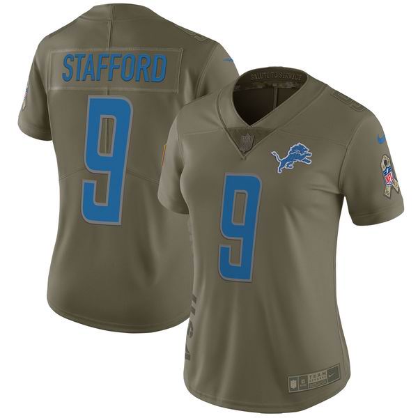 Women Nike Lions #9 Matthew Stafford Olive NFL Limited 2017 Salute To Service Jersey