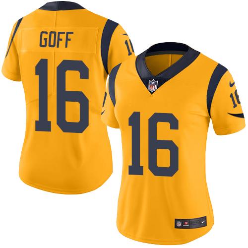Women Nike Los Angeles Rams 16 Jared Goff Gold NFL Limited Rush Jersey