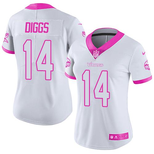 Women Nike Minnesota Vikings 14 Stefon Diggs White Pink NFL Limited Rush Fashion Jersey