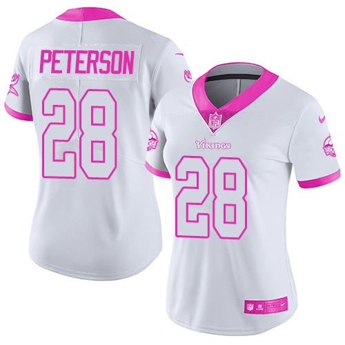 Women Nike Minnesota Vikings 28 Adrian Peterson White Pink NFL Limited Rush Fashion Jersey