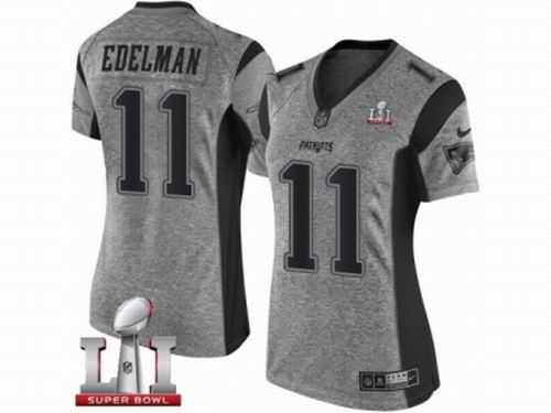 Women Nike New England Patriots #11 Julian Edelman Limited Gray Gridiron Super Bowl LI 51 Jersey