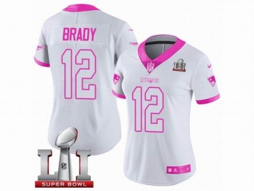 Women Nike New England Patriots #12 Tom Brady Limited White Pink Rush Fashion Super Bowl LI 51 Jersey
