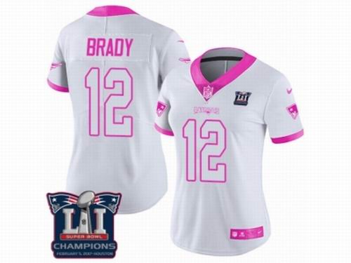 Women Nike New England Patriots #12 Tom Brady Limited White Pink Rush Fashion Super Bowl LI Champions NFL Jersey