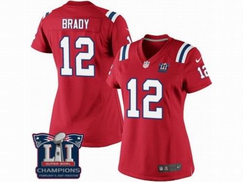 Women Nike New England Patriots #12 Tom Brady Red game Super Bowl LI Champions NFL Jersey