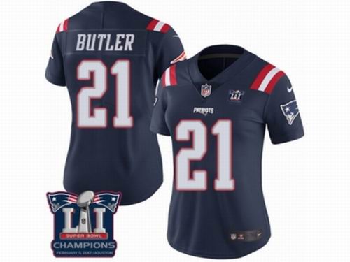 Women Nike New England Patriots #21 Malcolm Butler Limited Navy Blue Rush Super Bowl LI Champions NFL Jersey