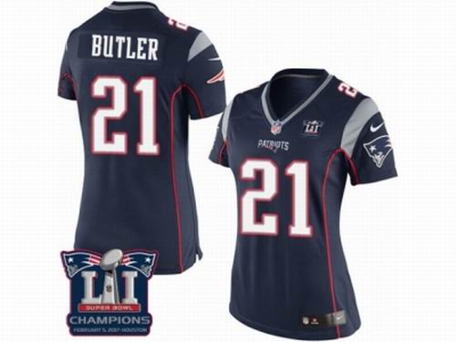 Women Nike New England Patriots #21 Malcolm Butler Navy Blue game Super Bowl LI Champions NFL Jersey