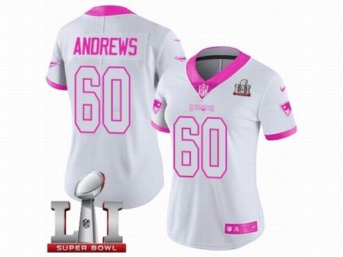 Women Nike New England Patriots #60 David Andrews Limited WhitePink Rush Fashion Super Bowl LI 51 Jersey