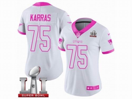 Women Nike New England Patriots #75 Ted Karras Limited WhitePink Rush Fashion Super Bowl LI 51 Jersey