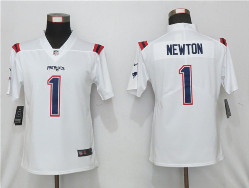 Women Nike New England Patriots 1 Cam Newton  White Jersey