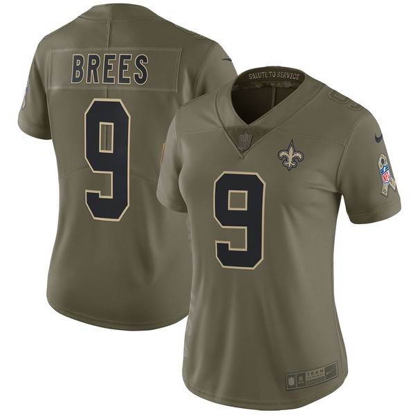 Women Nike New Orleans Saints #9 Drew Brees Olive NFL Limited 2017 Salute To Service Jersey