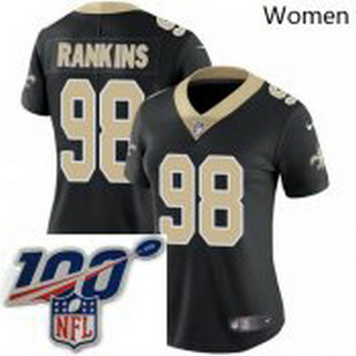 Women Nike New Orleans Saints 98 Sheldon Rankins Black Team Color Vapor Untouchable Limited Stitched 100th anniversary Neck Patch NFL Jersey