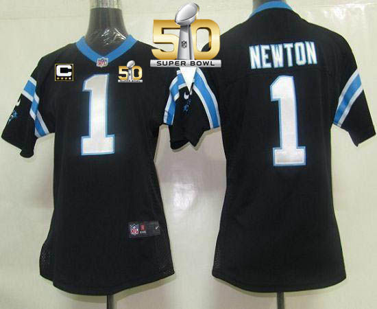 Women Nike Panthers 1 Cam Newton Black Team Color With C Patch Super Bowl 50 NFL Jersey