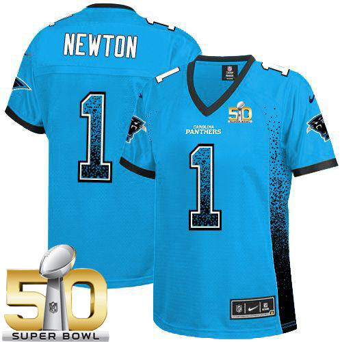Women Nike Panthers 1 Cam Newton Blue Alternate Super Bowl 50 NFL Drift Fashion Jersey