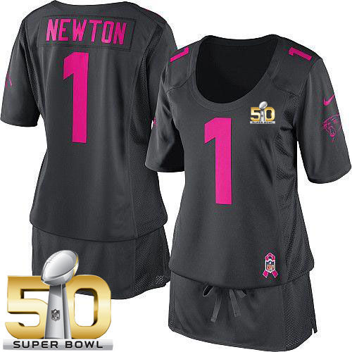 Women Nike Panthers 1 Cam Newton Dark Grey Super Bowl 50 Breast Cancer Awareness NFL Jersey