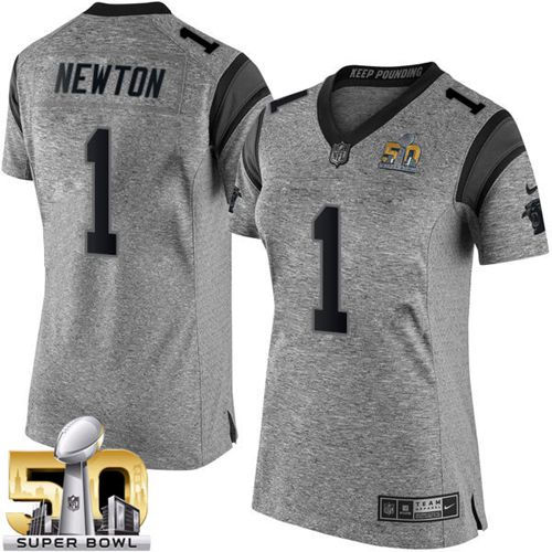 Women Nike Panthers 1 Cam Newton Gray Super Bowl 50 NFL Limited Gridiron Gray Jersey