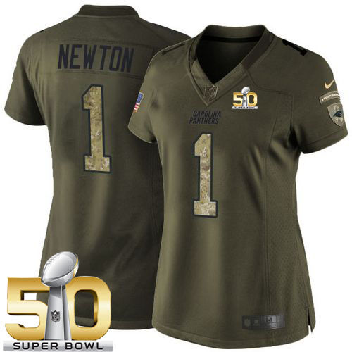 Women Nike Panthers 1 Cam Newton Green Super Bowl 50 NFL Limited Salute to Service Jersey