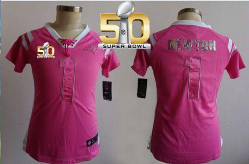 Women Nike Panthers 1 Cam Newton Pink Super Bowl 50 Women-s NFL Draft Him Shimmer Jersey