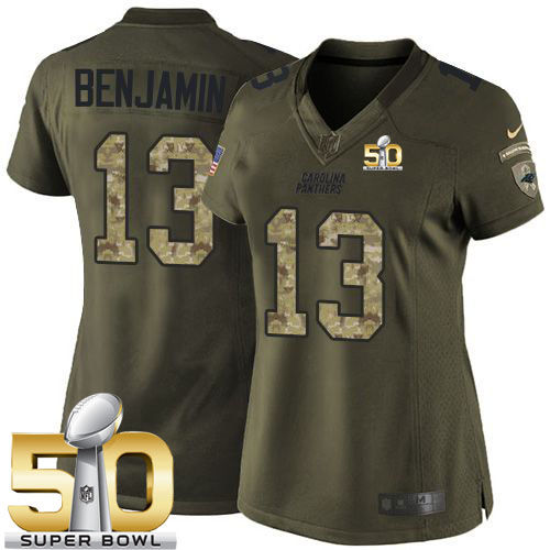 Women Nike Panthers 13 Kelvin Benjamin Green Super Bowl 50 NFL Limited Salute to Service Jersey