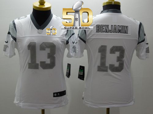Women Nike Panthers 13 Kelvin Benjamin White Super Bowl 50 NFL Limited Platinum Jersey