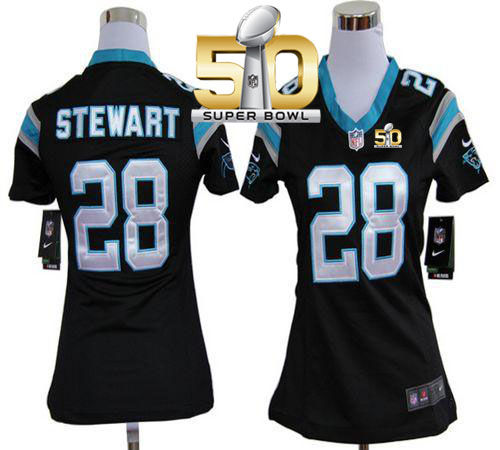 Women Nike Panthers 28 Jonathan Stewart Black Team Color Super Bowl 50 NFL Jersey