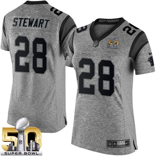 Women Nike Panthers 28 Jonathan Stewart Gray Super Bowl 50 NFL Limited Gridiron Gray Jersey