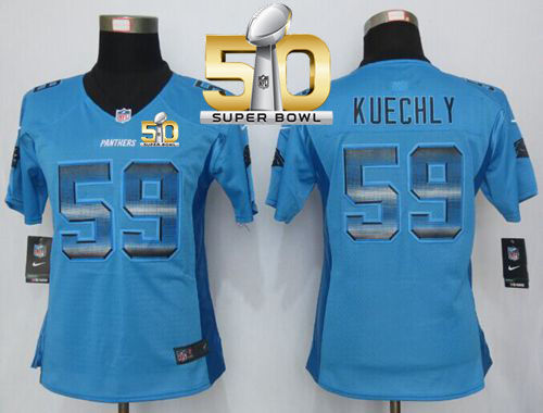 Women Nike Panthers 59 Luke Kuechly Blue Alternate Super Bowl 50 NFL Strobe Jersey