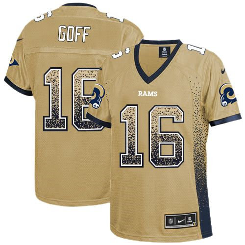 Women Nike Rams 16 Jared Goff Gold NFL Drift Fashion Jersey