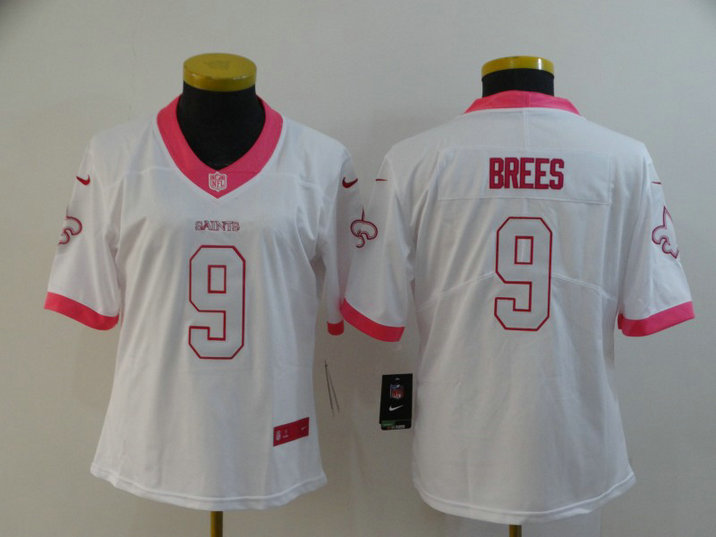 Women Nike Saints 9 Drew Brees White Pink Fashion Women Rush Limited Jersey