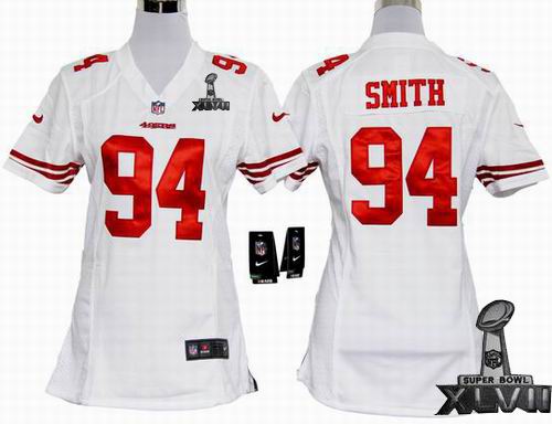 Women Nike San Francisco 49ers #94 Justin Smith white game 2013 Super Bowl XLVII Jersey