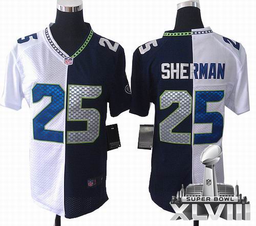 Women Nike Seattle Seahawks #25 Richard Sherman white blue Split Elite 2014 Super bowl XLVIII(GYM) Jersey