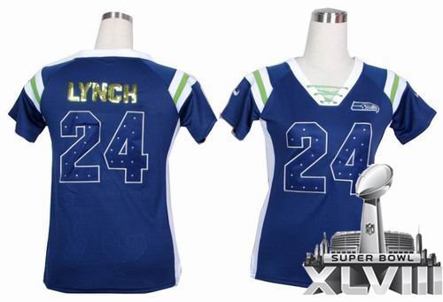Women Nike Seattle Seahawks 24 Marshawn Lynch Blue Handwork Sequin Name Fashion 2014 Super bowl XLVIII(GYM) Jersey