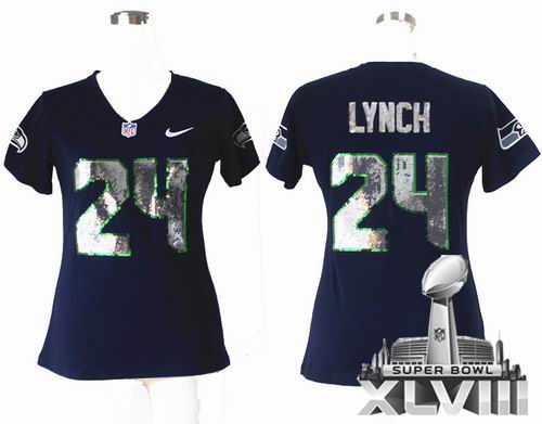 Women Nike Seattle Seahawks 24 Marshawn Lynch Blue Handwork Sequin lettering Fashion 2014 Super bowl XLVIII(GYM) Jersey