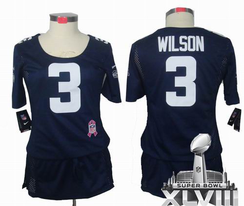Women Nike Seattle Seahawks 3# Russell Wilson Elite breast Cancer Awareness blue 2014 Super bowl XLVIII(GYM) Jersey