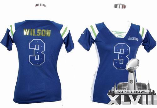 Women Nike Seattle Seahawks 3 Russell Wilson Blue Handwork Sequin Name Fashion 2014 Super bowl XLVIII(GYM) Jersey
